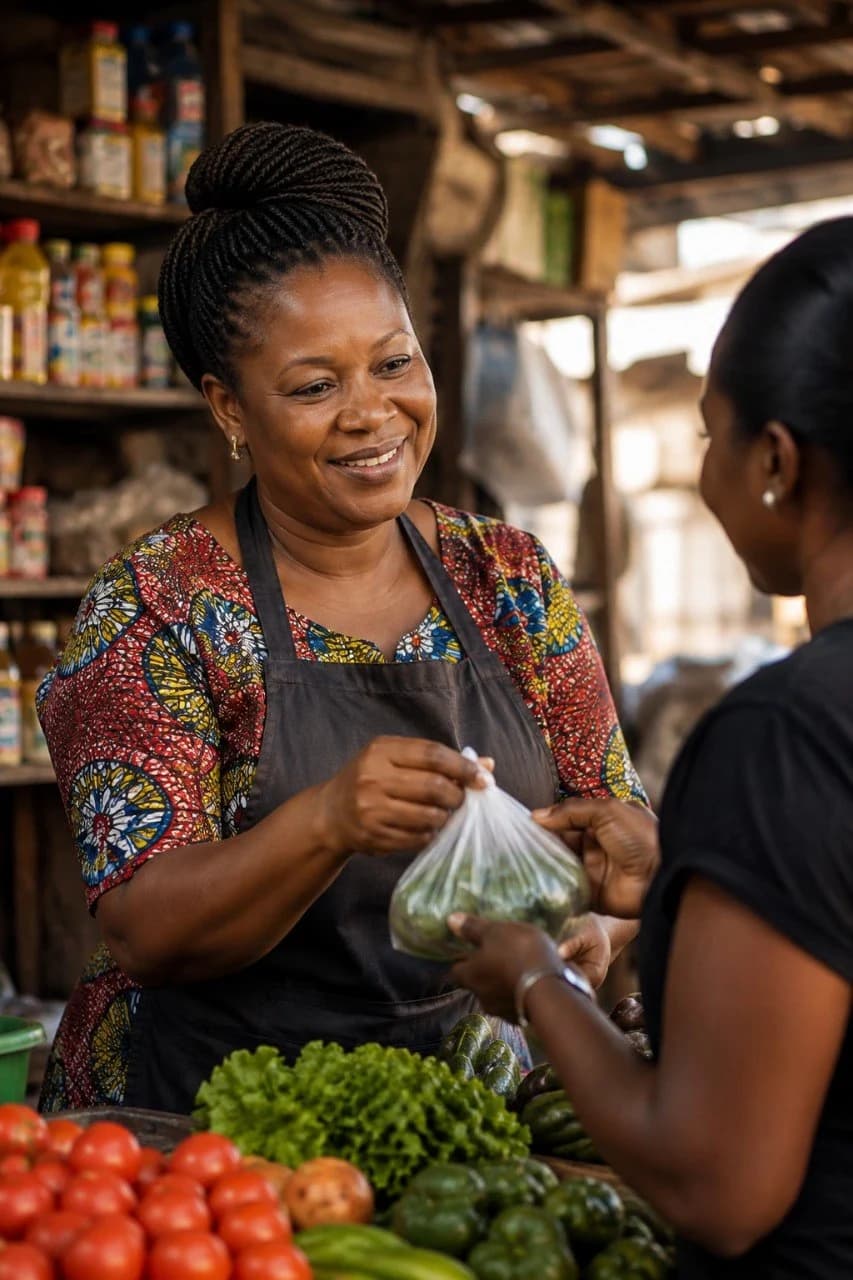 A Nigerian market woman serving a customer